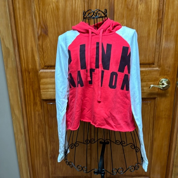 PINK Victoria's Secret Tops - Victoria's Secret Pink Nation Womens White Red Cropped Pullover Hoodie